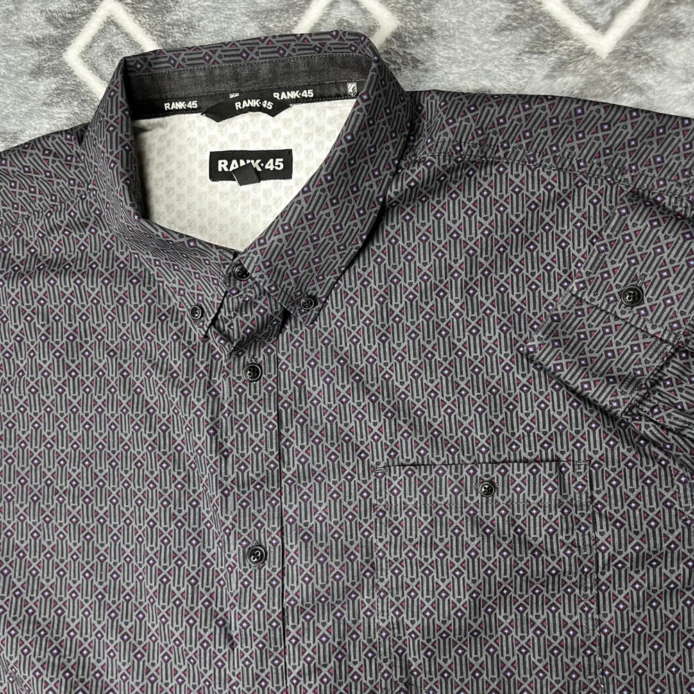 Rank 45 Mens XL Geometric Diamond Button Down Shirt Grey Purple Long Slv Western